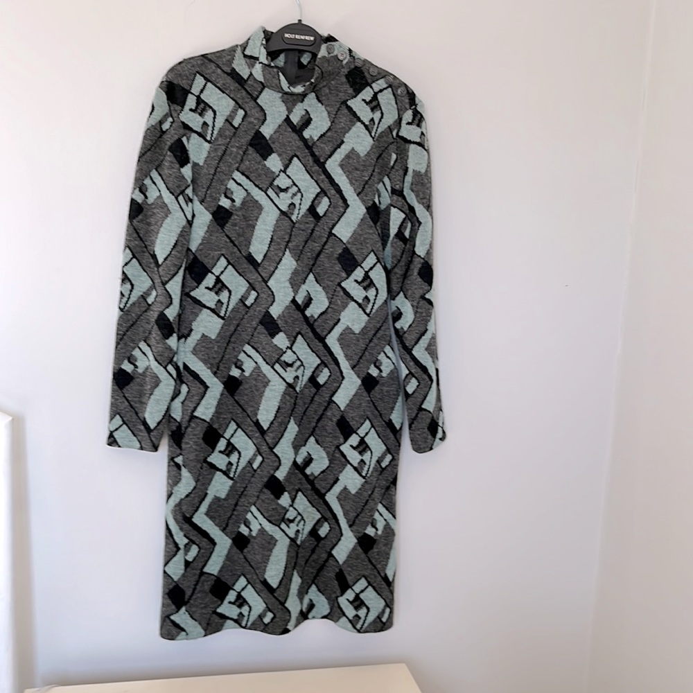 Vintage Fink Black, Grey, Mint Green Geometric Pattern Shift Dress, US 6